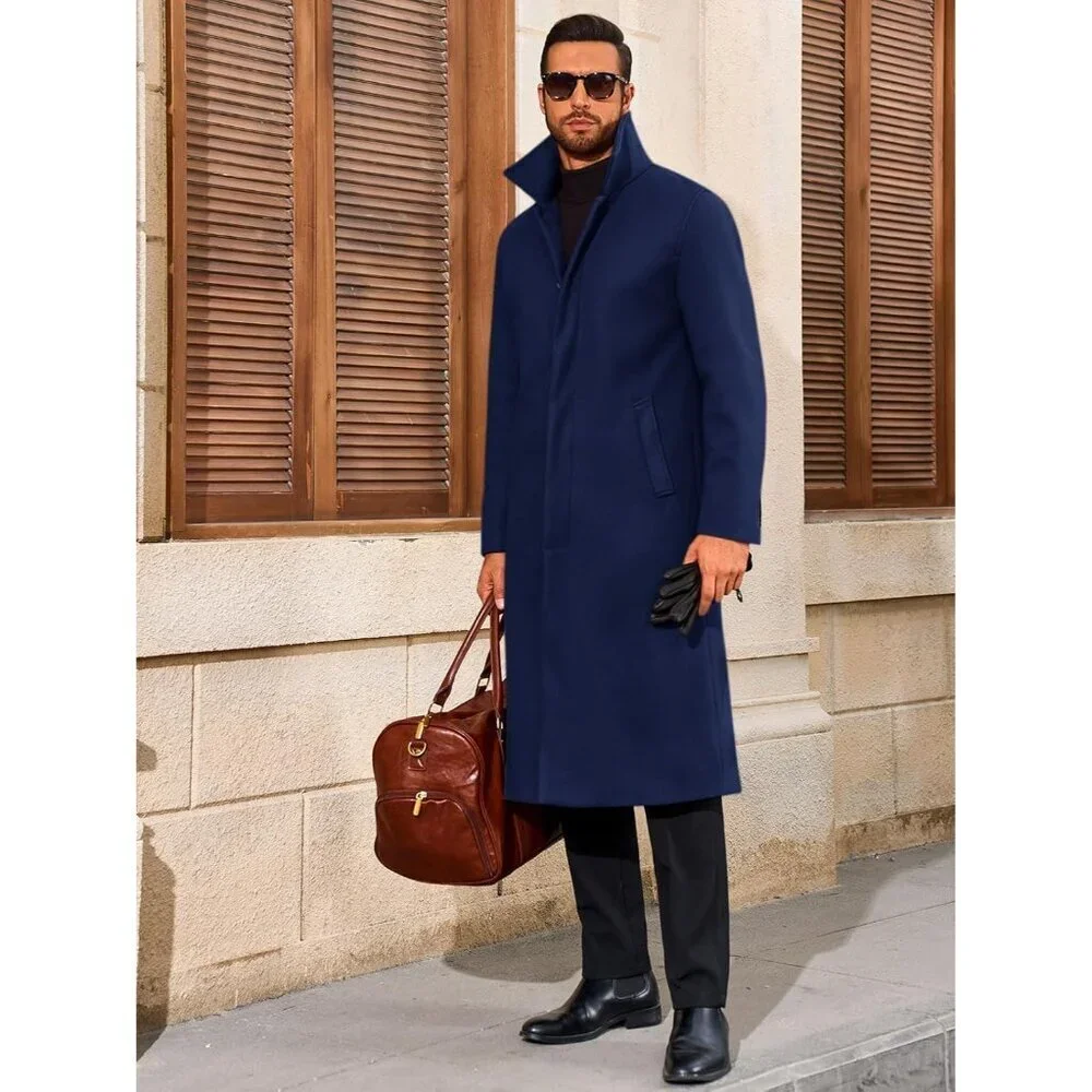 Men's Navy Blue Long Trench Coat Single Breasted Casual Winter Warm Pea Coat